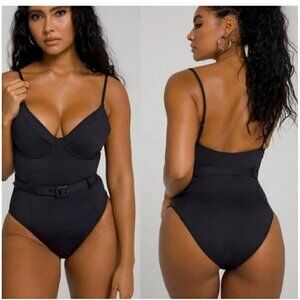 NWT Good American Wire Cup Belted One Piece Swimsuit in Black - Size 5 (2XL)